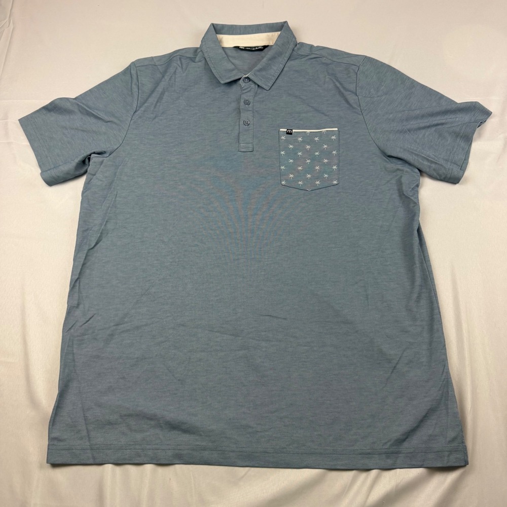 TravisMathew Polo Shirt Mens XXL Blue Palm Tree Pocket 1MT052 Pima Cotton Blend